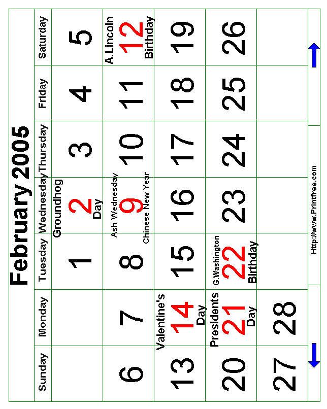 Bold February 2005 Calendar Image