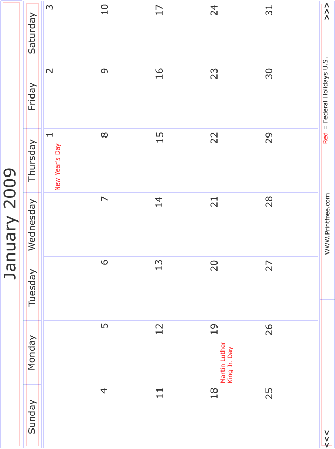 January 2009 Monthly Calendar