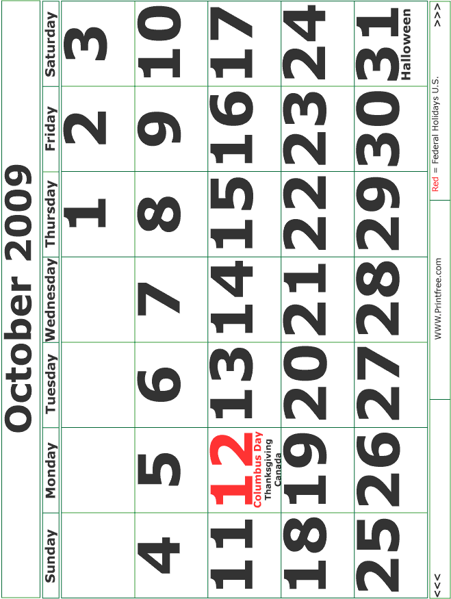 2009 October Calendar