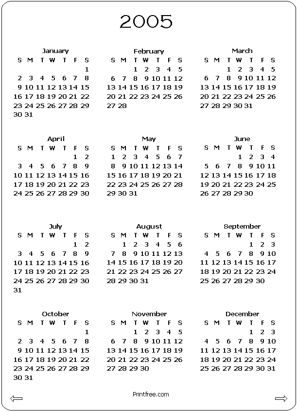 2005 Calendars Free Download