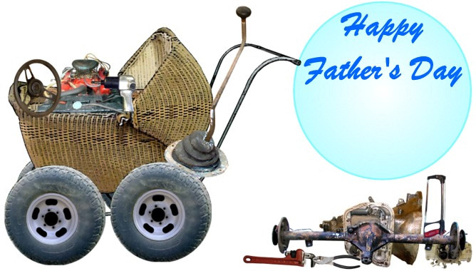 Fathers Day blue baby buggy half fold card image